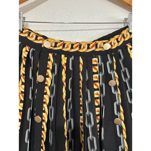 VTG Mamo Midi Pleated Skirt S Black Gold Silver Chain Baroque Print Luxury Glam - Picture 5 of 12
